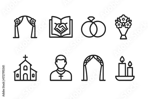 Wedding Icon Set. Outline icon set of wedding ceremony: altar, vows, wedding rings, bouquet, church, priest, wedding arch, candles. Line icons in only black