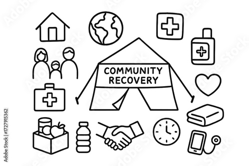 Community Recovery Icons. Hand-drawn doodle illustration Community recovery tent, family, house, globe, Red Cross symbol, medical kit, handshake, food package,