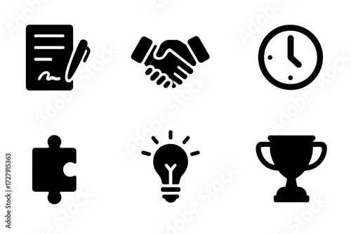 Negotiation Icon Set. Solid, filled icon set of negotiation compromise: contract, handshake, speech bubbles, clock, puzzle piece, lightbulb idea, strategy map,