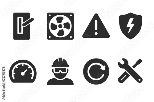 Overload Prevention Icons. Solid, filled icon set of overload prevention: circuit breaker switch, cooling fan, warning label, safety shield, overload sensor,