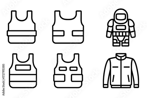 Police Armor Icons. Outline icon set of police body armor: ballistic vest, stab vest, tactical vest, bomb suit, riot vest, patrol vest, SWAT vest, protective