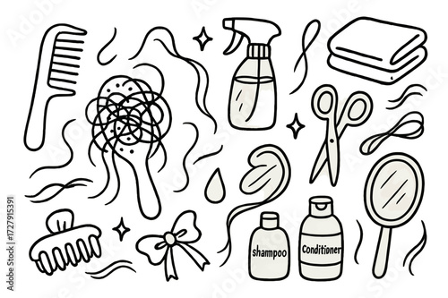 Tangled Hair Doodle. Hand-drawn doodle illustration tangled hair and brush hairbrush, bristles, knot of hair, comb, scissors, spray bottle, towel, mirror,