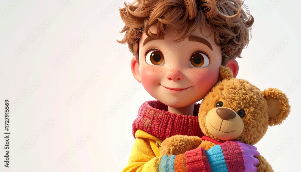 Fototapeta premium Delightful 3D animated boy with a joyful smile and rosy cheeks, holding a classic brown teddy bear, embodying pure childhood innocence and comforting companionship