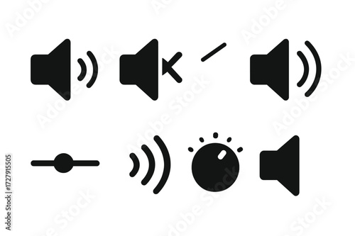 Audio Control Icons. Solid, filled icon set of volume controls: volume up, volume down, mute, unmute, volume slider, speaker, sound waves, volume knob. Solid,