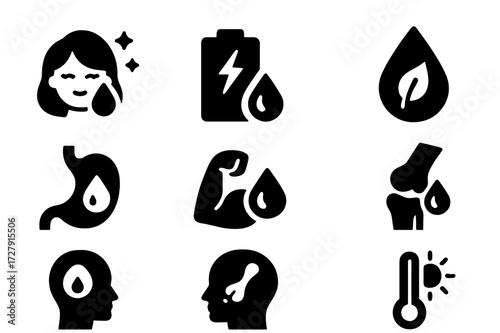 Hydration Benefits Icons. Solid, filled icon set of hydration benefits: glowing skin, energy boost, detoxification, improved digestion, muscle recovery, joint