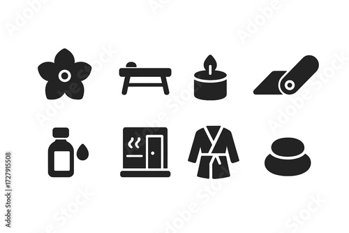 Luxury Wellness Icon Set. Solid, filled icon set of luxury wellness: spa, massage table, scented candle, yoga mat, essential oil bottle, sauna, bathrobe,