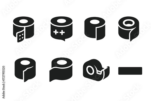 Medical Tape Icons. Solid, filled icon set of medical tape: bandage tape, hypoallergenic tape, sports tape, elastic tape, adhesive tape, roll tape, tape