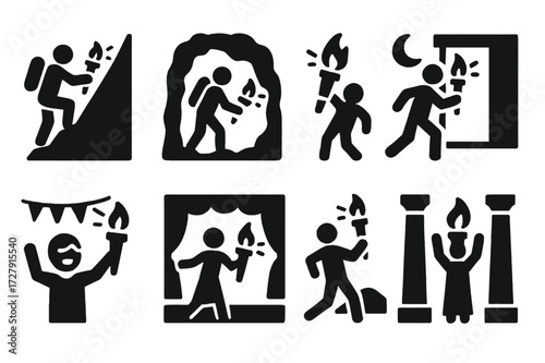 Torch Icon Scenarios. Solid, filled icon set of torch in use scenarios: mountain climbing, dark cave, nighttime hiking, emergency escape, festival lighting,