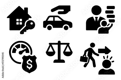 Debt Consequences Icons. Solid, filled icon set of debt consequences: foreclosure, repossession, wage garnishment, credit score drop, legal action, asset
