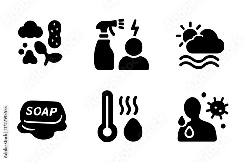 Eczema Triggers Icons. Solid, filled icon set of eczema triggers: allergens, irritants, stress, dry air, harsh soaps, heat, sweat, pollen. Solid, filled icons