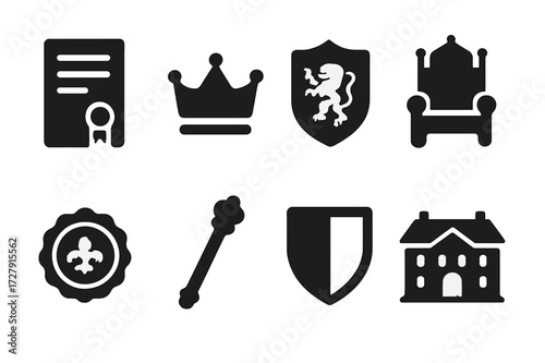 Heir Rights Icons. Solid, filled icon set of heir rights: legal document, crown, family crest, throne, royal seal, scepter, heraldic shield, ancestral mansion.