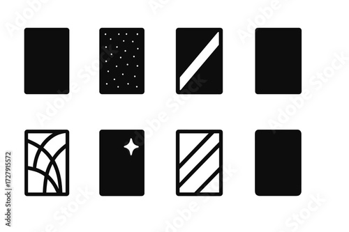 Black Glass Icons Grid. Solid, filled icon set of glass types by color: clear glass, frosted glass, tinted glass, colored glass, stained glass, mirrored glass,
