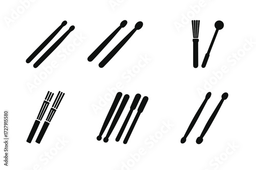 Drumsticks Icon Set. Solid, filled icon set of drumsticks types: wooden drumsticks, nylon tip sticks, brush sticks, mallets, rods, marching sticks, jazz