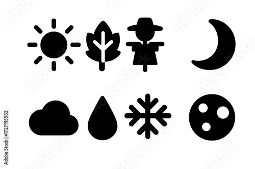 Harvest Season Icons. Solid, filled icon set of harvest season: sun, autumn leaf, scarecrow, moon, cloud, rain drop, frost, harvest moon. [Line icons in only