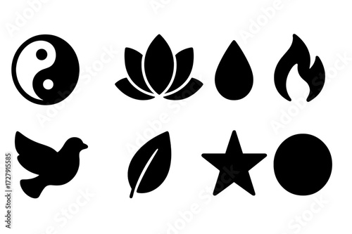 Purification Symbol Icons. Solid, filled icon set of purification symbols: yin yang, lotus, water droplet, flame, dove, leaf, star, circle. [Line icons in only