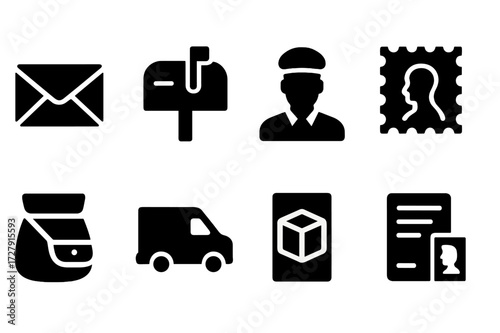 Mail Delivery Icons. Solid, filled icon set of mail delivery: envelope, postal box, postman, parcel, postage stamp, letter, mailbag, delivery van. [Line icons