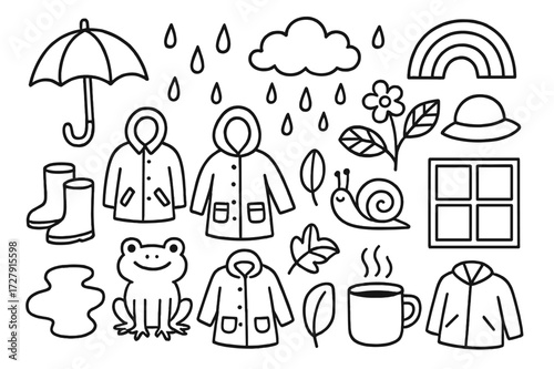 Spring Rain Doodles. Hand-drawn doodle illustration Spring rain umbrella, raindrops, rain cloud, puddle, boots, raincoat, frog, snail, flower, leaf, rainbow,
