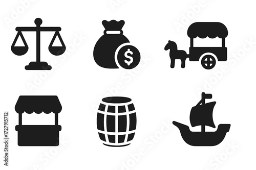 Medieval Trade Icons. Solid, filled icon set of medieval trade and economy: merchant scales, coin purse, trade caravan, market stall, sack of coins, barrel,