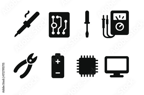 Electronic Repair Icons. Solid, filled icon set of electronic repair: soldering iron, circuit board, screwdriver, multimeter, wire cutter, battery, chip,