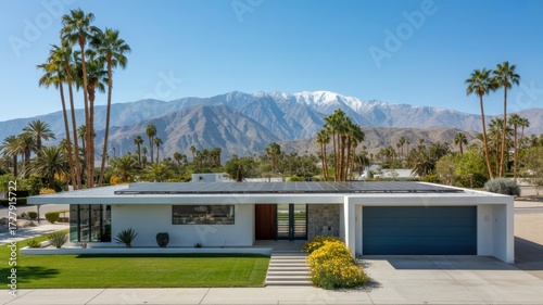 Stunning midcentury modern home in palm springs with mountain views, showcasing architectural design and desert landscape under a clear blue sky