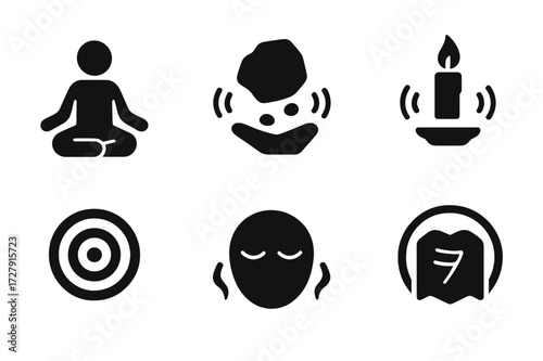 Telekinetic Icon Set. Solid, filled icon set of telekinetic training: meditating figure, rock levitation, candle hover, target object, closed eyes, aura