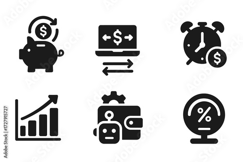 Automated Savings Icons. Solid, filled icon set of automated savings: recurring deposit, auto transfer, budget tracker, alarm clock, goal chart, smart wallet,