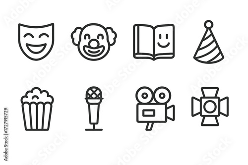 Laughter Icon Set. Outline icon set of laughter and entertainment: comedy show, clown face, joke book, party hat, popcorn, stage microphone, film camera,