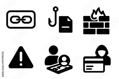 Online Scam Icons. Solid, filled icon set of online scams: suspicious link, phishing hook, masked face, broken firewall, alert sign, fake profile, trap mouse,