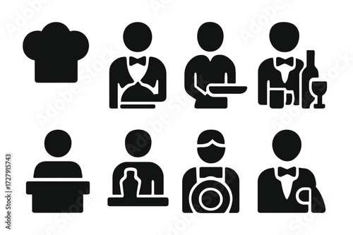 Dinner Service Icons. Solid, filled icon set of dinner service staff: chef hat, waiter, busser, sommelier, host, bartender, dishwasher, maitre d'. Line icons