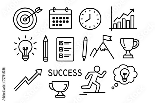 Success Symbols Doodle. Hand-drawn doodle illustration success and goal setting target, bullseye, dart, calendar, clock, graph, checklist, lightbulb, pencil,