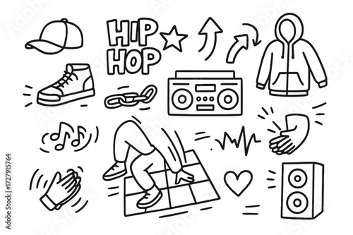 Hip Hop Elements. Hand-drawn doodle illustration hip hop dance hat, sneakers, graffiti star, boom box, hoodie, bent knees, arrows, chain, rhythm icon, clap