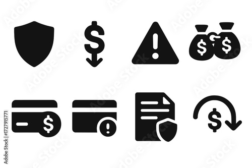 Overdraft Protection Icons. Solid, filled icon set of overdraft protection: shield icon, money decline, warning triangle, linked savings, covered transaction,