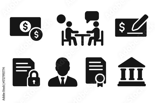 Liability Settlement Icons. Solid, filled icon set of liability settlement: payment, negotiation, legal agreement, settlement check, release form, mediator,