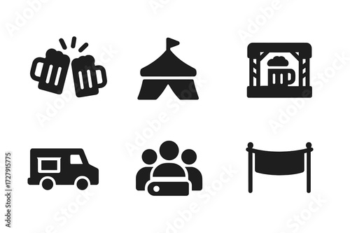 Beer Festival Icons. Solid, filled icon set of beer festivals and events: beer mug clink, festival tent, stage, music note, food truck, wristband, crowd,