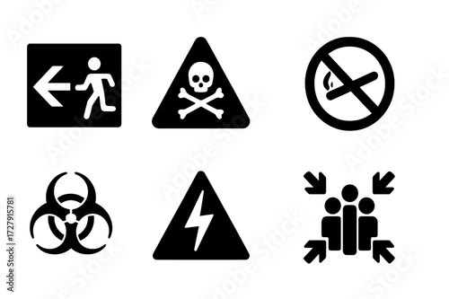 Safety Icon Set. Solid, filled icon set of safety and warning signs: fire exit, hazardous material, slippery floor, no smoking, biohazard, electric shock,