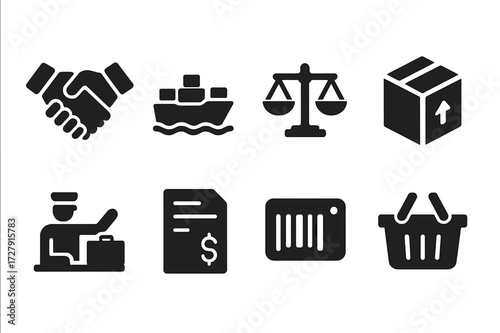 Trade and Commerce Icons. Solid, filled icon set of trade and commerce: handshake deal, cargo ship, trade balance, export box, customs check, tariffs, barcode