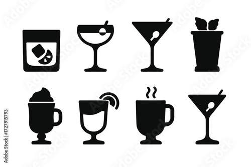 Whiskey Cocktail Icons. Solid, filled icon set of whiskey cocktails: old fashioned, whiskey sour, Manhattan, mint julep, Irish coffee, boulevardier, hot toddy,