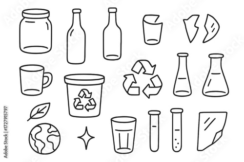Glass Recycling Icons. Hand-drawn doodle illustration glass recycling glass jar, wine bottle, soda bottle, broken glass, recycling arrows, bin, cup, drinking