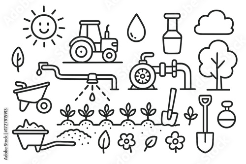 Field Irrigation Doodle. Hand-drawn doodle illustration Large-scale field irrigation [tractor, water pipe, sprinkler, crops, water droplet, bucket, soil,