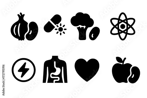 Onion and Bean Icons. Solid, filled icon set of onion and bean nutrition: vitamin, protein, fiber, minerals, antioxidants, energy, digestion, heart health.