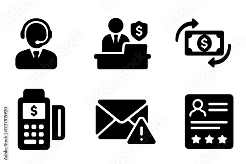 Bank Services Icons. Solid, filled icon set of bank customer services: call center, help desk, appointment, money transfer, payment processing, email alert,