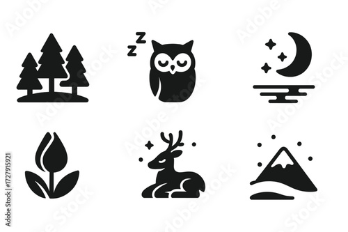 Nature Silence Icons. Solid, filled icon set of silence in nature: quiet forest, sleeping owl, still water, night sky, closed flower bud, resting deer, snowy