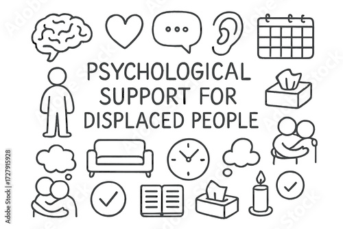 Support Icons Doodle. Hand-drawn doodle illustration [Psychological support for displaced people] [brain icon, heart, speech bubble, couch, listening ear,