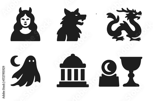 Lunar Myth Icons. Solid, filled icon set of lunar mythology: moon goddess, werewolf, moon rabbit, celestial dragon, night spirit, lunar temple,