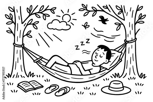 Hammock Nap Doodle. Hand-drawn doodle illustration A peaceful nap in a hammock under the shade of trees [hammock, sleeping person, tree, leaves, sun rays, Zzz