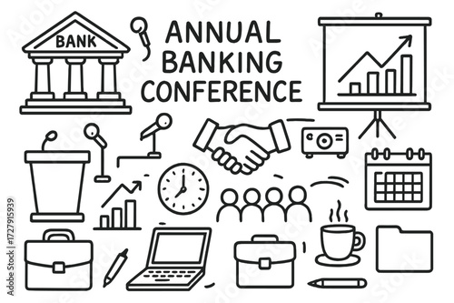 Banking Conference Icons. Hand-drawn doodle illustration Annual banking conference bank building, podium, microphone, chart, arrow, handshake, briefcase,