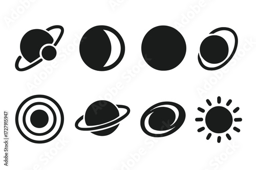Planetary Icons Collection. Solid, filled icon set of planetary and orbital circles: planet orbit, moon phase, eclipse, satellite path, circular gravity field,