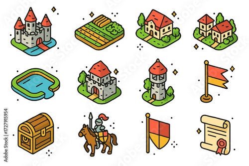 Feudal Land Icons. Feudal land. Colorful isometric vector icons set of Feudal land: castle, farmland, manor house, village, moat, gatehouse, watchtower,