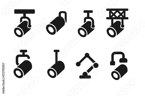Spotlight Mount Icons. Solid, filled icon set of spotlight mounting types: ceiling mount, wall mount, floor stand, truss mount, clamp mount, pole mount,