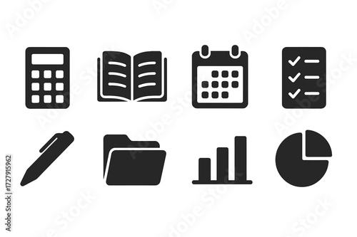Account Management Icons. Solid, filled icon set of account management tools: calculator, ledger, calendar, checklist, pen, file folder, graph, pie chart.